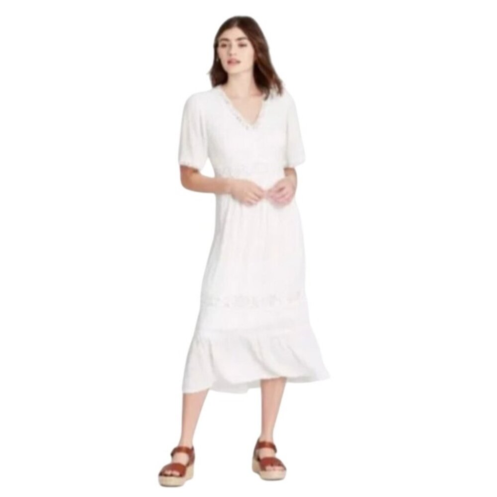 Knox Rose Dress White Midi Lace Swiss Dot Boho Cottagecore Medium